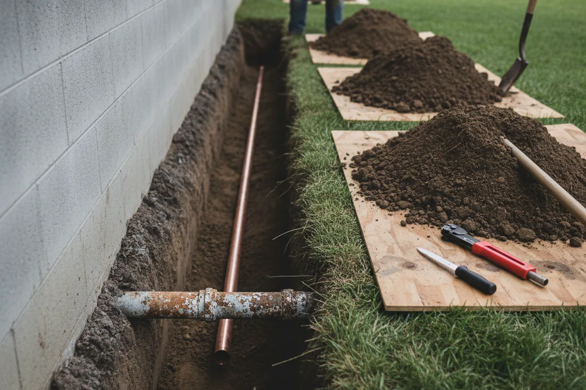 Excavated water line trench during Sewer Line Repair in Rodeo